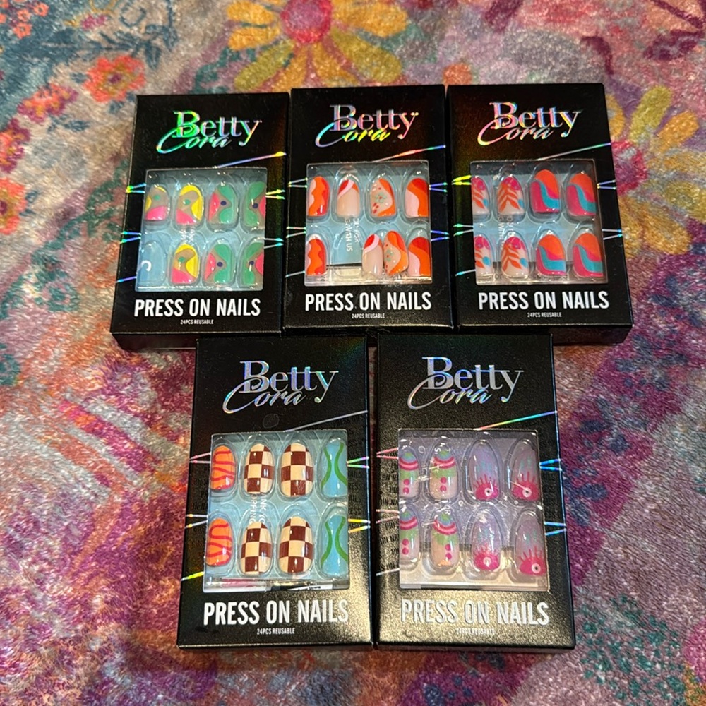 5 packs Betty Cora press on nails fun colors/designs!